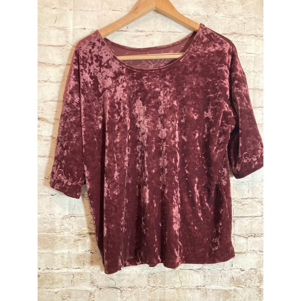 J. Jill Velvet Top Womens Medium Dark‎ Mauve Embroidered Half Sleeve Coquette - Picture 12 of 14